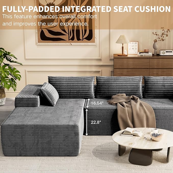 Kingdura 105.5'' Cloud Sectional Couch with L-Shape Chaise, Grey Modern Modular Sofa with Deep Seat, Corduroy Fabric, No Assembly Required, Upholstered Couches for Living Room Bedroom