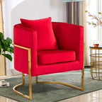 Velvet Modern Accent Chairs Set of 2, Upholstered Barrel Armchair Mid Century with Pillow for Living Room, Comfy Single Vanity Chair with Metal Gold Legs for Bedroom, Rose Red