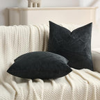 FUTEI Black Velvet Throw Pillow Covers 24x24 Inch Set of 2,Soft Embossed Leaf-Relief Textured European Cushion Cases,Natural Home Decor for Couch Living Room