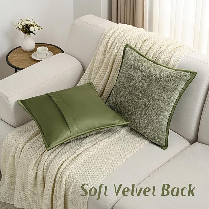 FUTEI Sage Green Chenille Throw Pillow Covers 16x16 Inch Set of 2,Soft Cozy Bound Edge Design Cushion Case,Home Decor for Couch Bed Living Room