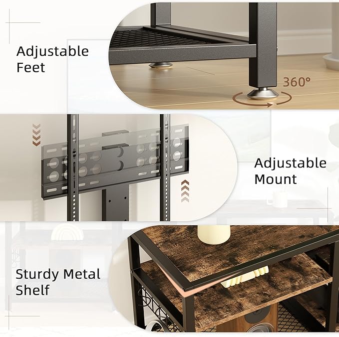 VECELO 71" TV Stand with Mount and Power Outlets, Entertainment Center with Open Storage Shelves, Height Adjustable Mount up to 80”, Wooden Table and Metal Frame for Living Room, Rustic Brown