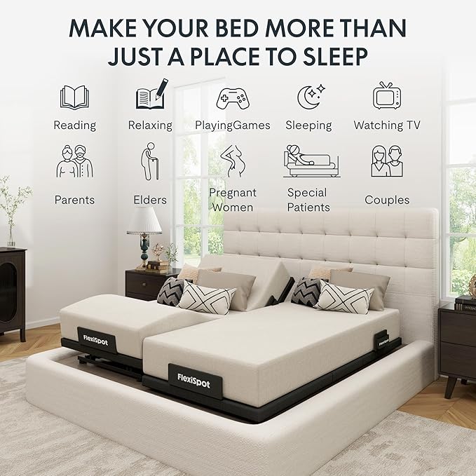 FLEXISPOT Adjustable Bed Frame Base Split King+12-inch Certipur-US Hybrid Mattress with Individual Pocket Spring, Quick Assembly, Massage, Zero Clearance, Whisper Quiet Durable Motor, Zero Gravity