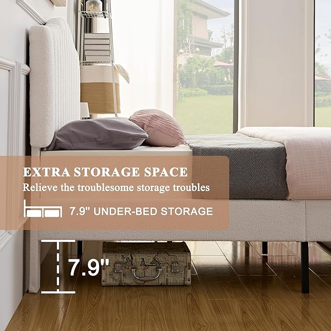 VECELO Full Size Beds Upholstered Platform Bed Frame with Height-Adjustable Teddy Fabric Headboard/Strong Wood Slats Supports / 7.9'' Under Bed Storage Space/Noise Free/No Box Spring Needed, Cream