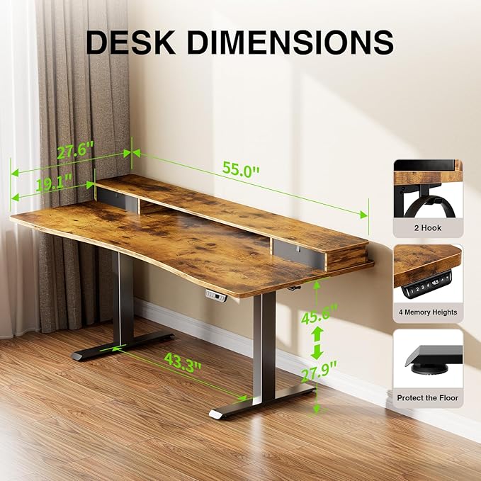 Veken 55"×27.6" Ergonomic Standing Desk with Drawers, Adjustable Height Home Office Desk with Monitor Riser, Computer Table for Work, Study, Gaming, Reading, Brown