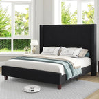 HOWE Queen Size 61" Corduroy Upholstered Bed Frame, Platform Bed with Vertical Stripe Wingback Headboard, No Box Spring Needed/Noise Free/Solid Wood Slats/Black