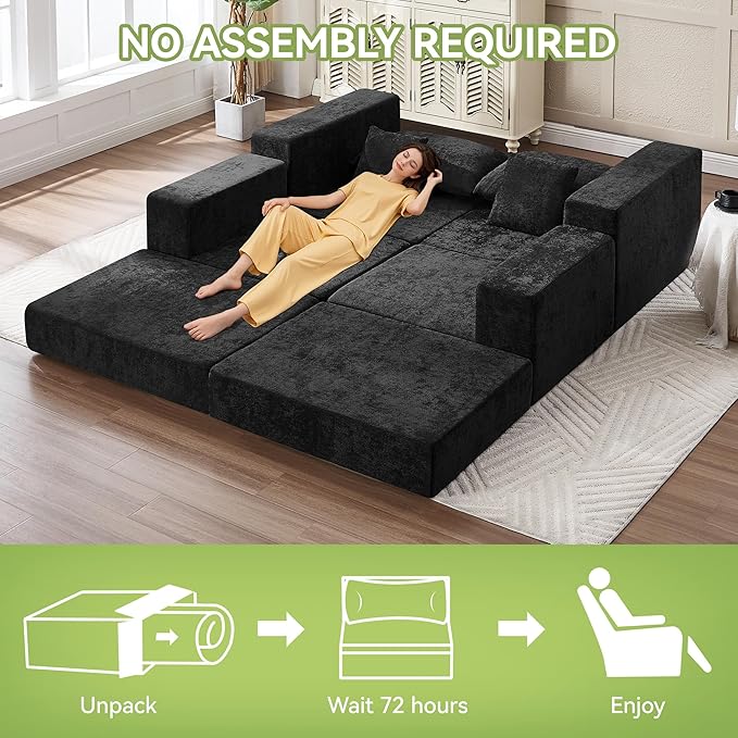 79" Boneless Cloud Loveseat Sofa Couch, Modular Foldable Floor Sofa with Ottoman, Chenille Lounge Convertible Sofa Bed for Living Room, No Assembly, Black