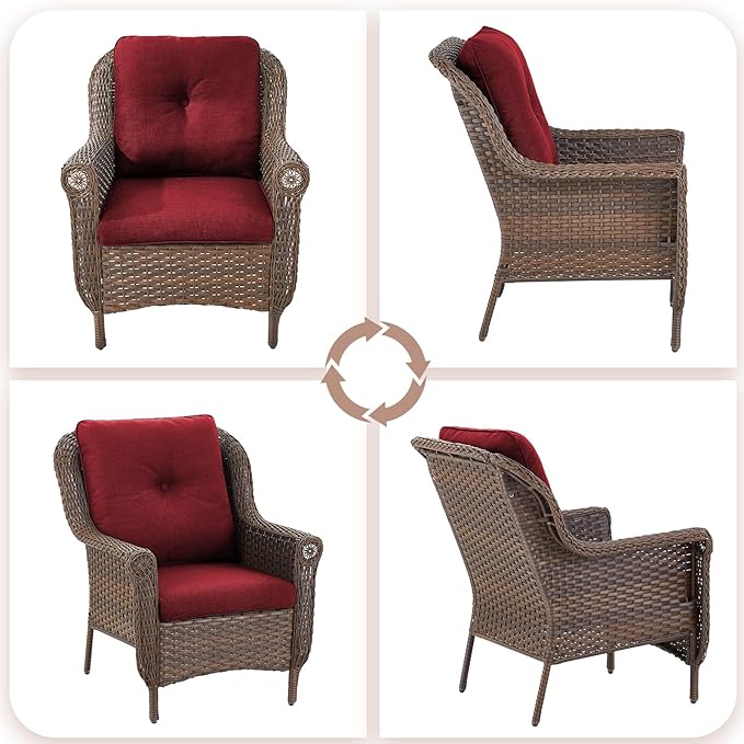 Patio Wicker Chairs Outdoor Furniture Chair - Set of 2 Outside All Weather Lawn Dining Brown Rattan Armchair with High Back&Deep Seating for Deck Porch Balcony Backyard Garden - Red