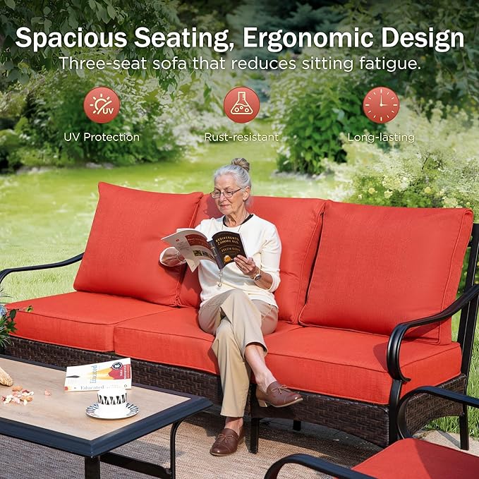 Patio Furniture Set with 56" Fire Pit Table, Premium Outdoor Wicker Metal Frame Furniture with Upgraded Waterproof Thick Cushions for Porch, Poolside, Deck, and Yard （4 Pieces,Red