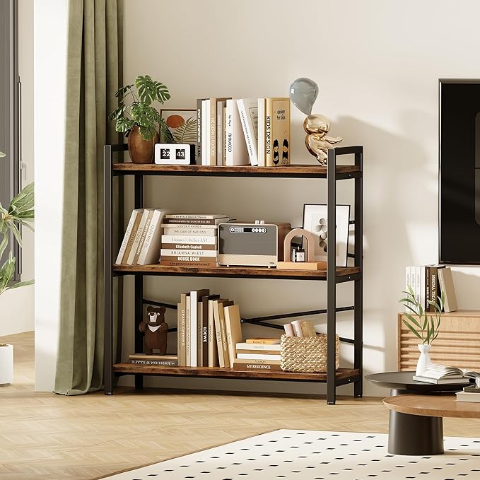 Book Shelf, 3 Tier Bookshelf 31.49" Width, Book Shelf Storage and Organization, Wooden and Metal Industrial Bookcase, Large Book Shelves for Home Living Room Bedroom Office Storage(Vintage)