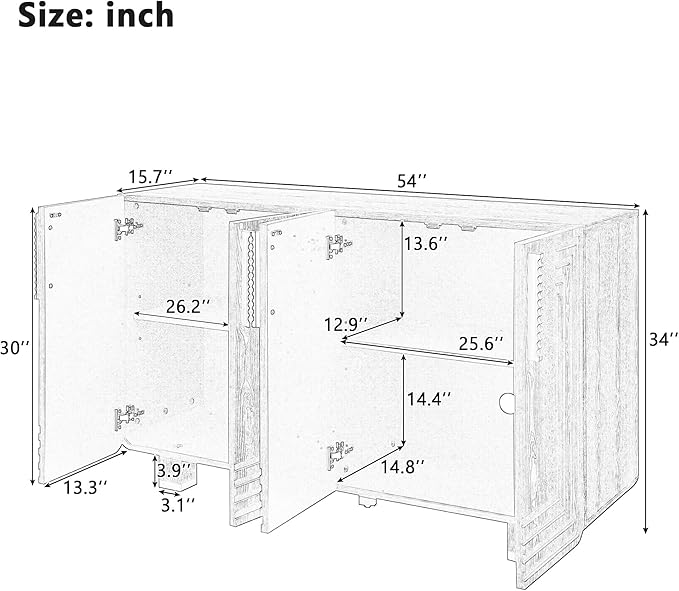 Merax Vintage Wood Storage Cabinet with Four Doors and Dark Gold Handles, Retro-Style Sideboard Buffet Cabinet with Adjustable Storage Shelves for Kitchen, Living Room, Dining Room, Hallway, Black