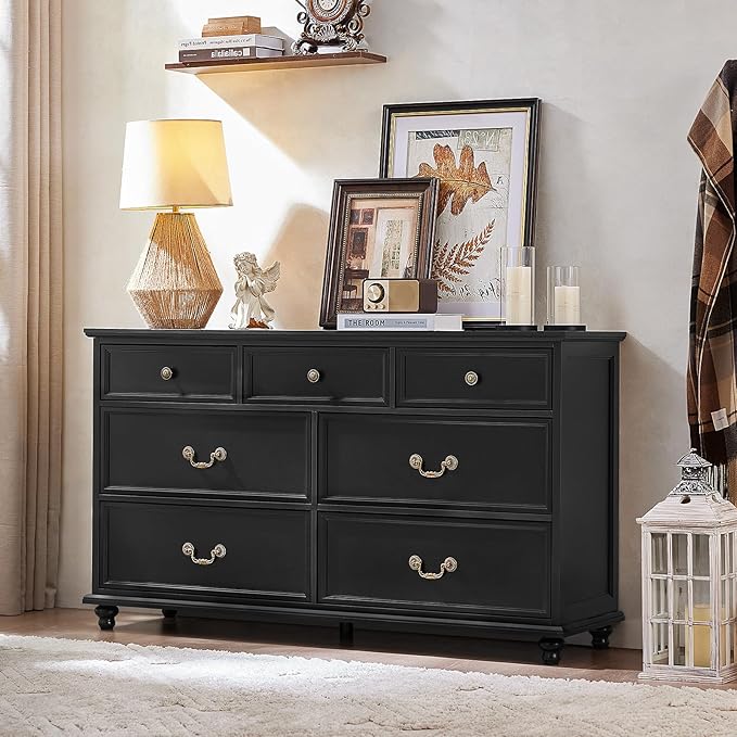 Farmhouse Dresser and Nightstand Sets, Wooden 7 Drawers Dresser & 24" Night Stand with 3 Drawers, 2 Piece Bedroom Furniture Set, Chest of Drawers for Bedroom, Home, Living Room, Hallway