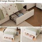 Twin LED Bed Frame with Storage Headboard & Charging Station, Velvet Fabric Platform Bed Frames with 3 Drawers, Button Tufted Upholstered, No Box Spring Needed, Beige