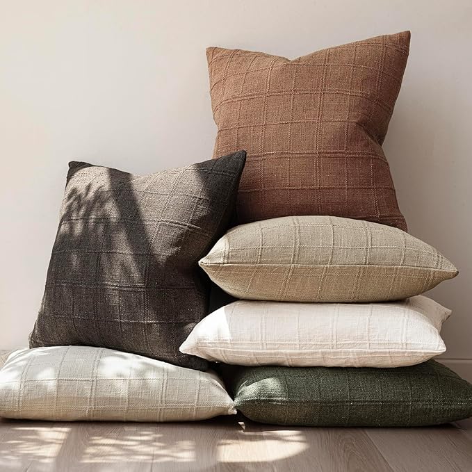 Foindtower Set of 2 Decorative Linen Check Throw Pillow Covers Neutral Farmhouse Vintage Cushion Covers Modern Boho Home Decor for Sofa Chair Couch Bedroom Living Room,18×18 Inch,Dark Brown