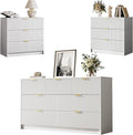 3-Piece Dresser Bedroom Set, 7 Drawer Dresser & 3 Drawer Nightstands with Gold Handles, Fluted Wood Chest of Drawers for Bedroom, Living Room, Entryway, White