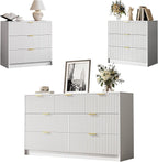 3-Piece Dresser Bedroom Set, 7 Drawer Dresser & 3 Drawer Nightstands with Gold Handles, Fluted Wood Chest of Drawers for Bedroom, Living Room, Entryway, White