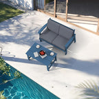 SERWALL Outdoor Loveseat, Blue Frame and Grey Cushion