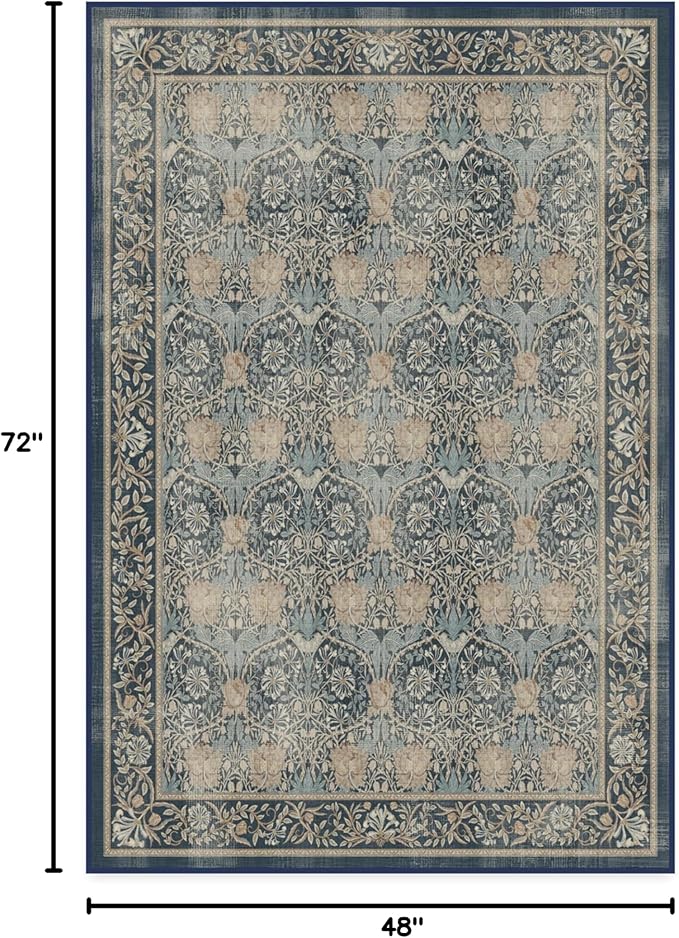 RUGGABLE x Morris & Co Machine Washable Area Rug – Honeysuckle & Tulip Blue 4x6, Stain-Resistant, Non-Slip – Medium Rugs for Living Room, Bedroom, Hallway, Entryway & Office–with Cushioned Pad
