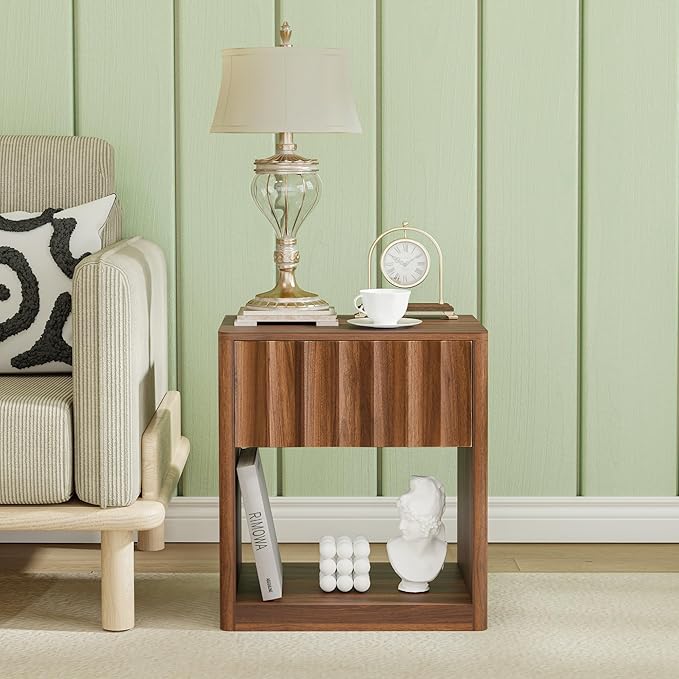 Fluted Dresser, Small Nightstands Set of 2, Natural Bedside Table with Drawer and Storage, Mid Century Modern Side Table for Bedroom Living Room Sofa