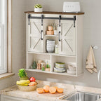 Vabches Bathroom Wall Cabinet, Farmhouse Medicine Cabinet with Double Sliding Barn Door and Adjustable Shelves, Wooden Vintage Storage Cabinet Wall Mounted for Bathroom, Kitchen Dining, Rustic White