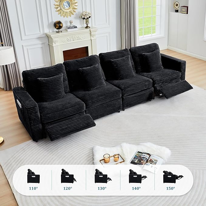 ORRD Power Reclining Sectional Sofa, Electric 4 Seat Recliner with 2 Electric Footrest and Adjustable Headrest, Modern Plush Corduroy Fluffy Modular Sectional with Deep Seat for Living Room-Black