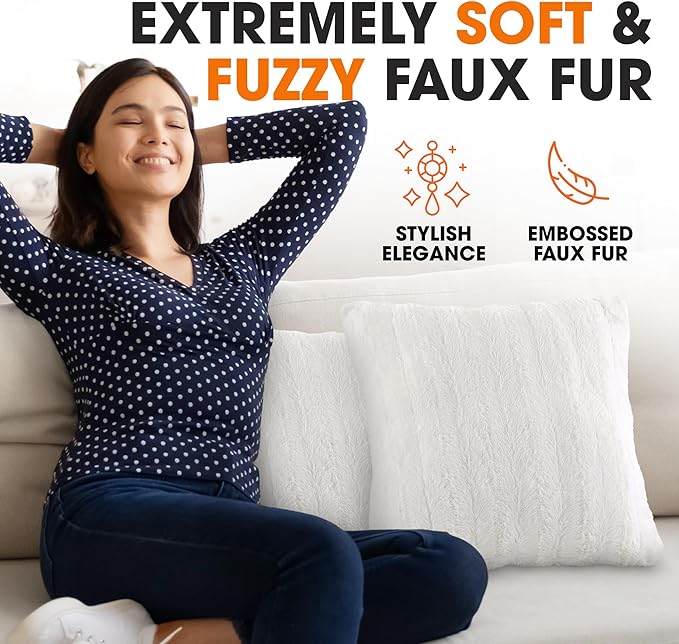 Cheer Collection Faux Fur Throw Pillows - Decorative Pillows for Couch, Bed Throw Pillows, White Accent Pillows for Bedroom or Living Room Aesthetic, Set of 2 Furry Throw Pillows, 20" x 20"