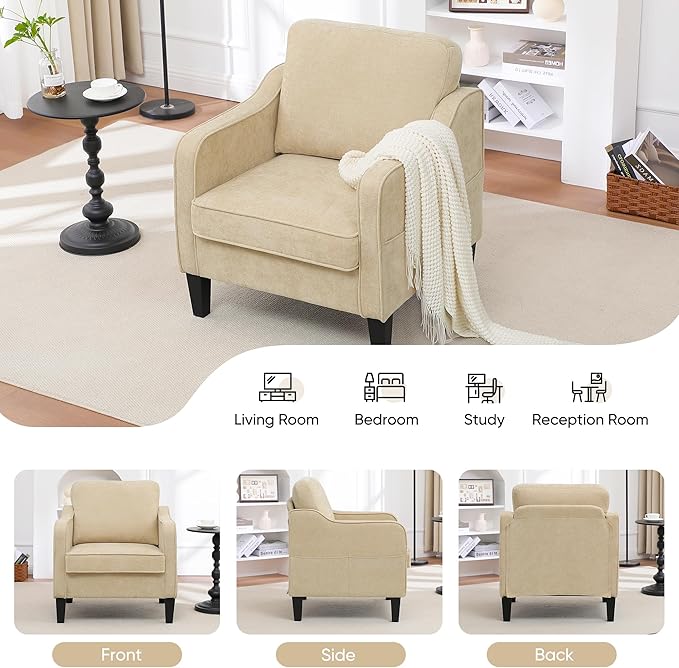 Accent Chairs Set of 2, Upholstered Living Room Chairs with Side Pocket, Mid Century Modern Reading Chair for Bedroom, Comfy Armchair Single Sofa Side Chair for Office, Small Room, Light Brown