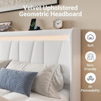 Allewie King Size LED Bed Frame with Charging Station, Velvet Upholstered Platform Bed with Geometric Wingback Headboard, Modern Frame with No Box Spring Needed, Easy Assembly, White