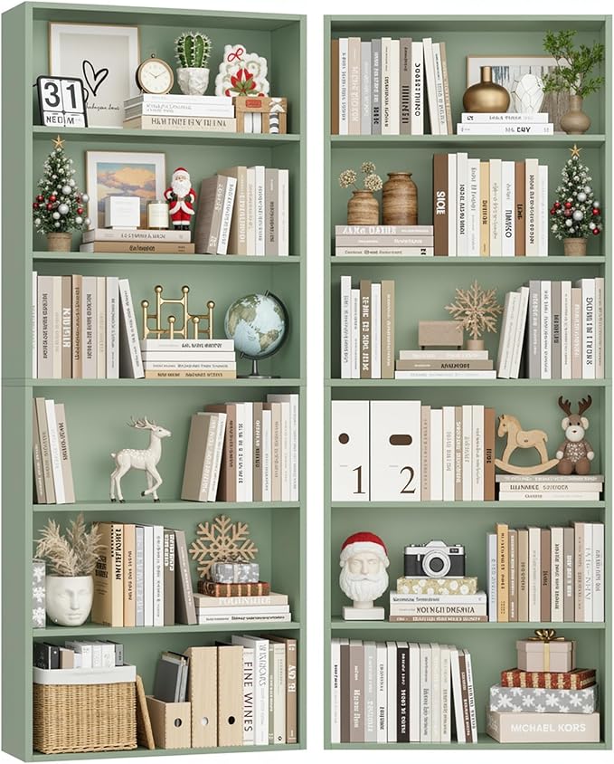 FOTOSOK 70.8" Tall Bookcase Shelf, 6 Tier Wide Bookshelf with Storage, Billy Bookcase Set of 2, Large Bookshelf for Living Room, Home Office,Green