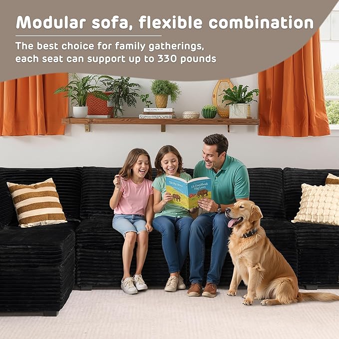 130'' Modern Modular Sectional Sofa with Ottoman, 8 Seater U Shaped Cloud Couch for Living Room, Oversized Deep Seat Convertible Sofa Set, Plush Corduroy Black