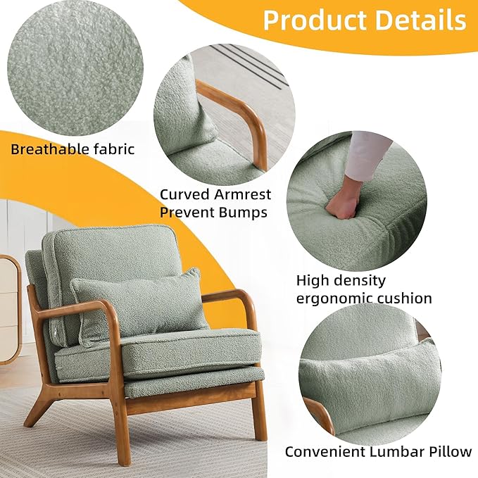 Mid-Century Accent Chair,Sherpa Fabric Lounge Chair with Wide Armrest,Sherpa Fabric Armchair with Lumbar Pillow & Solid Wood Frame for Living Room, Bedroom, Balcony (Green)