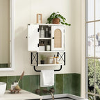 RUSTOWN Rattan Bathroom Wall Cabinet, Boho Over The Toilet Storage Cabinet with Arched Rattan Doors, Modern Medicine Cabinet with Adjustable Shelves & Towel Bar(Vintage White,Small)