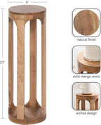 Kate and Laurel Dahl Wooden Round Drink Table; 8 x 23; Natural Brown; Transitional Boho Circle Wood Accent Pedestal Table for Living Room Plant Stand or Small Bedroom Nightstand