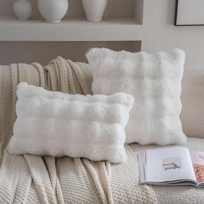 Neelvin Cream White Faux Fur Cozy Soft Double-Sided Decorative Throw Pillow Covers 20x20 inch Set of 2,Velvet Pillowcase Cushion Case for Sofa Couch