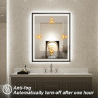 LED Bathroom Mirror, 20x28 Inch Frontlit & Backlit Black Framed Lighted Mirror,Wall Mouted Vanity with Lights,Double Lights Strips,Anti Fog Stepless 3 Colors Temperature & Dimmable