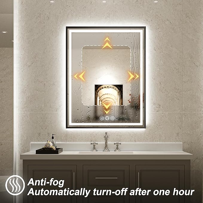 LED Bathroom Mirror, 20x28 Inch Frontlit & Backlit Black Framed Lighted Mirror,Wall Mouted Vanity with Lights,Double Lights Strips,Anti Fog Stepless 3 Colors Temperature & Dimmable