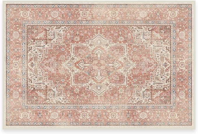 RUGGABLE Washable Area Rug – Kamran Rose Pink 2x3, Stain-Resistant, Non-Slip – Small Machine Washable Rugs for Living Room, Bedroom, Hallway, Entryway & Bathroom–with Cushioned Pad