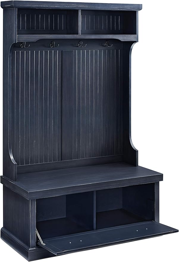 Crosley Furniture Seaside Hall Tree with Shoe Rack Bench and Coat Hooks for Hanging Storage, Distressed Navy