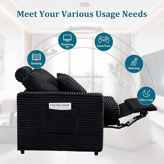 ORRD Power Reclining Sectional Sofa, Electric 3 Seat Recliner with 1 Electric Footrest and Adjustable Headrest, Modern Plush Corduroy Fluffy Reclining Sectional with Deep Seat for Living Room-Black
