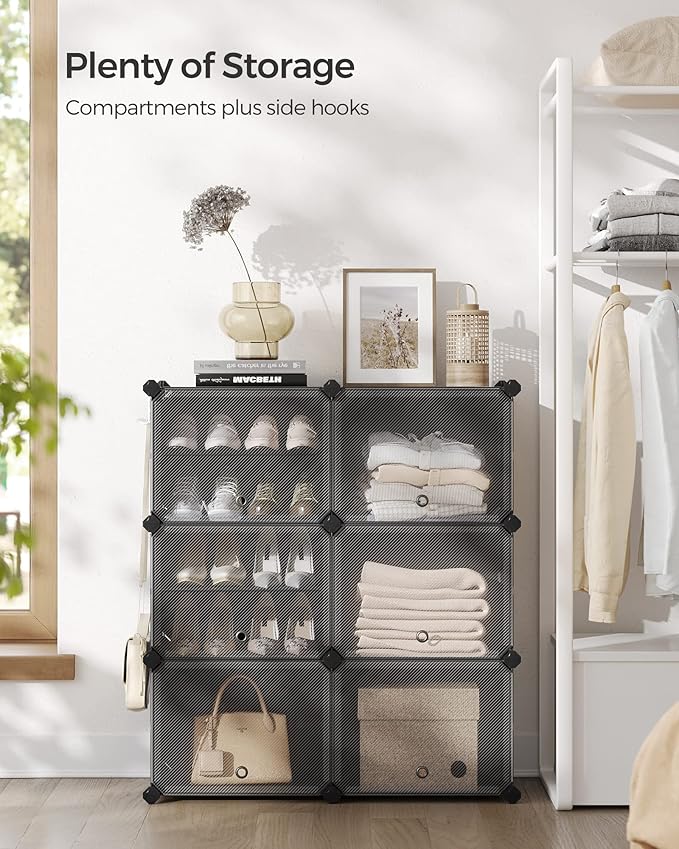 SONGMICS Shoe Rack Organizer, 6-Tier Shoe Storage Cabinet for Closet and Entryway, Holds 24 Pairs of Shoes, Adjustable, Ink Black and Trasparent ULPC033B01