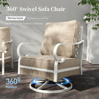 6 Piece Metal Outdoor Patio Furniture Set, Patio Conversation Set 1 3-Seater Sofa, 2 Fixed Sofa, 2 Swivel Chair with 5.75" Thick Cushion & Coffee Table White Backyard Furniture, Beige