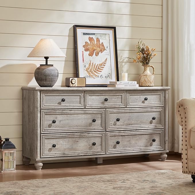 7 Drawers Dresser for Bedroom, Farmhouse 54" Wide Wood Dressers Chest of Drawers, Vintage Design TV Stand, Rustic Storage Dresser Organizer with Metal Handle Closet for Living Room, Hallway