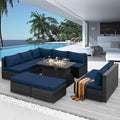 NICESOUL 10 Piece L-Shaped Outdoor Furniture Conversation with Fireplace Natural Gas/Propane, 29.3'' High Back Oversized Rattan Sofa Couch, Wide Deep Seated Patio Sectional, 2 Color Cushion Navy&Grey