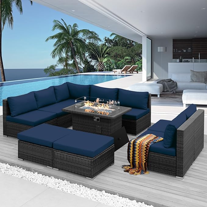 NICESOUL 10 Piece L-Shaped Outdoor Furniture Conversation with Fireplace Natural Gas/Propane, 29.3'' High Back Oversized Rattan Sofa Couch, Wide Deep Seated Patio Sectional, 2 Color Cushion Navy&Grey