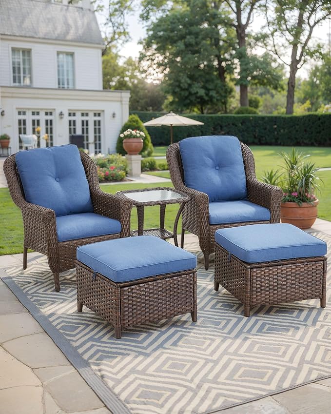 3 Piece Patio Brown Wicker Chairs with Side Table - Outdoor High Back Heavy Duty All-Weather Lawn Dining Rattan Chair Conversation Bistro Set for Deck Porch Balcony Backyard Garden - Navy Blue