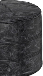 SIMPLIHOME Connor Boho Round Pouf in Distressed Black Genuine Leather for the Living Room, Bedroom and Kids Room