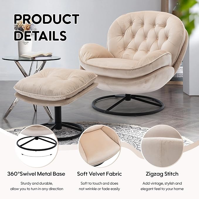 Set of 2 360° Swivel Modern Velvet Accent Chair with Ottoman | Mid-Century Button Tufted Lounge Chair for Living Room & Bedroom, Beige