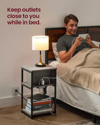 VASAGLE Side Table with Charging Station, 3-Tier End Table with USB Ports and Outlets, Nightstand for Living Room, Bedroom, 11.8 x 13.4 x 22.8 Inches, Plug-in Series, Greige and Black