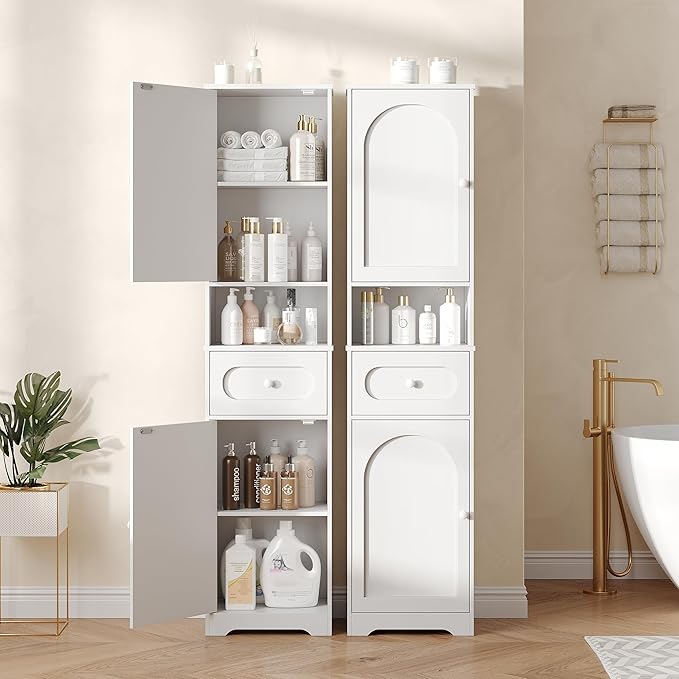 Maupvit 65" Tall Bathroom Storage Cabinet, Narrow Storage Cabinet with 2 Doors and Drawer, Bathroom Organizers with Adjustable Shelves for Living Room, Entryway, White
