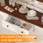 Hutch Storage Buffet Cabinet with Drawers, and Charging Station, Coffee Bar Cabinet with Barn Doors, Wine Rack and Hooks, White Wood Sideboard Buffet for Kitchen, Dining Room, 47.8" High