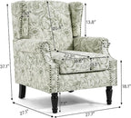 Wingback Accent Chairs Set of 2, High Back Upholstered Armchair, Printed Fabric Wingback Arms Chairs with Wood Legs, Single Sofa Reading Chair for Bedroom Living Room, Green Pattern